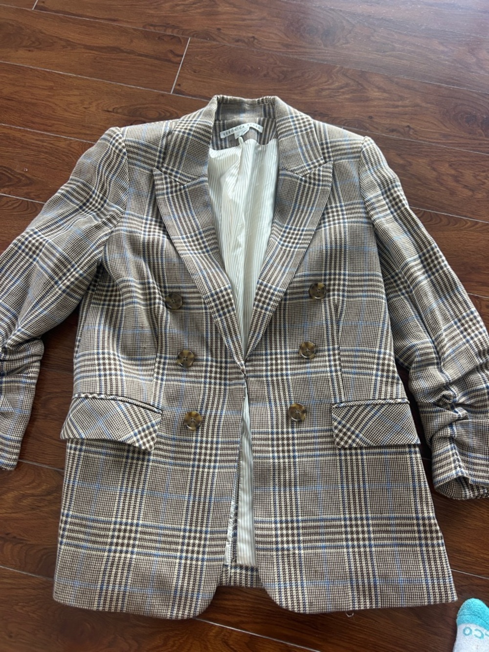 Veronica Beard Double-Breasted Plaid Blazer in Brown and Cream